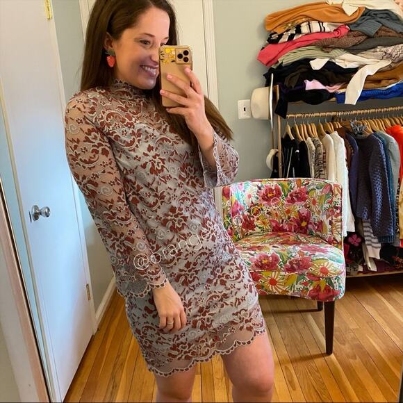 GANNI Blue Red Floral Lace Mockneck Long Sleeve Formal Mini Dress Comfy Event S - Picture 8 of 16